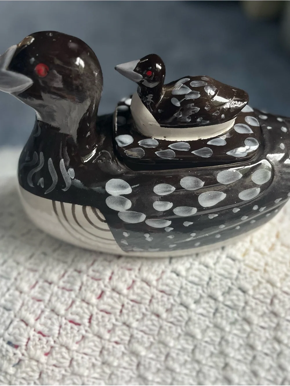 Ceramic mother Loon with duckling Cookie Jar - Black, Brown. White, neutrals